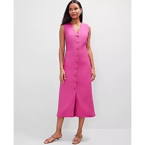 Ann Taylor Dresses & Skirts - Ann Taylor Fuchsia Pink Linen Blend Button Front Sleeveless Midi Dress Size 14